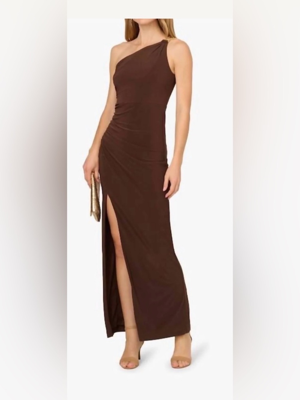 Adrianna Papell One-Shoulder Brown Maxi Dress with High Slit